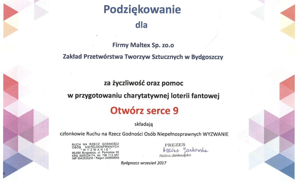 podziękowanie za pomoc niepełnosprawnym